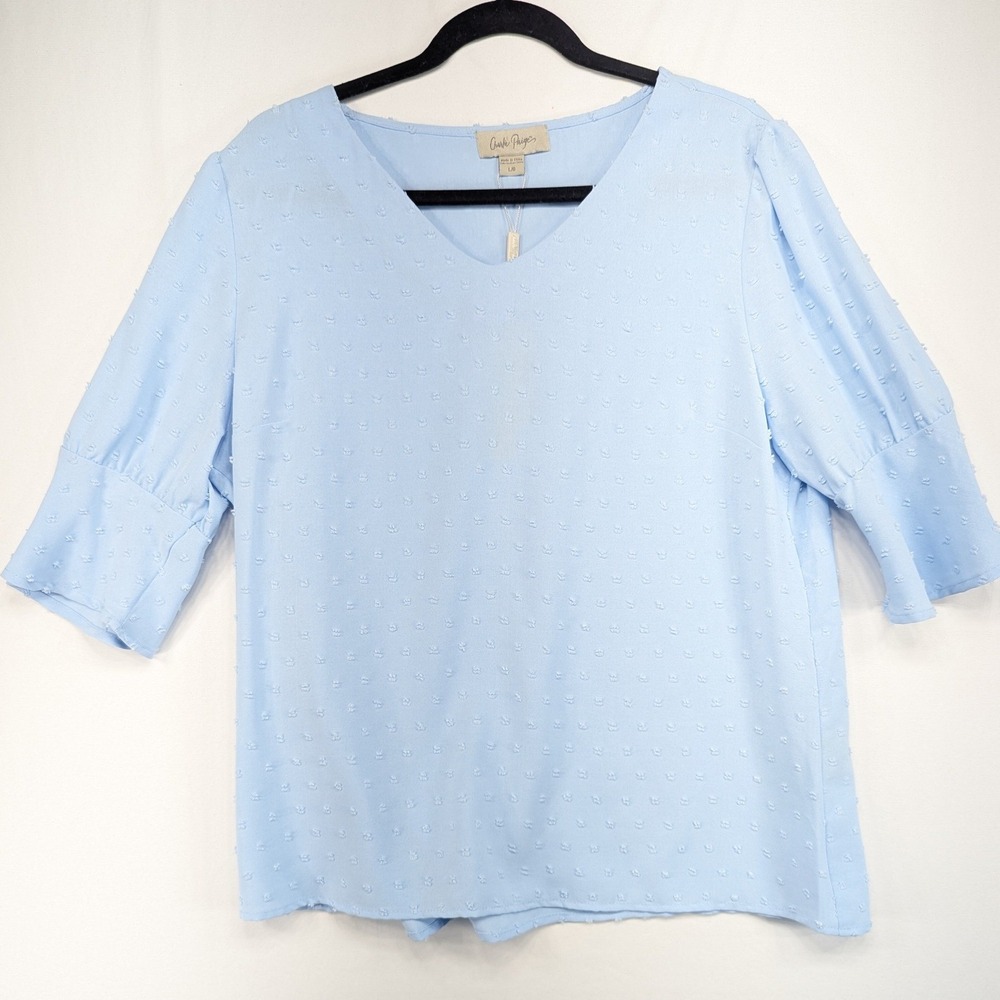 Charlie Paige Light Blue Swiss Dot V-Neck Puff Sleeve Blouse Top NWT Large